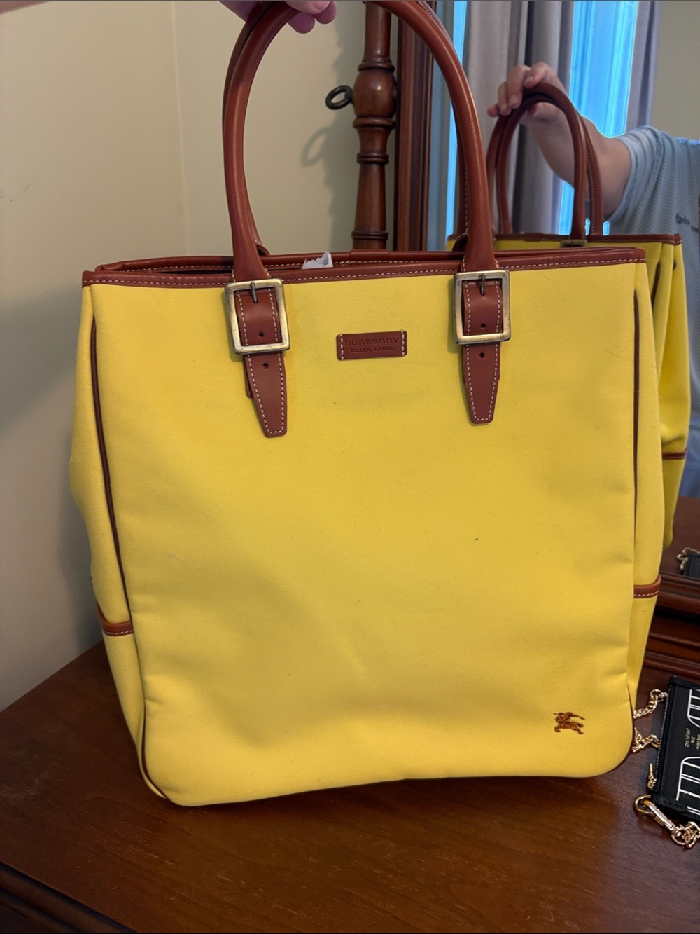 Burberry Yellow Canvas Tote with Brown Leather Handles